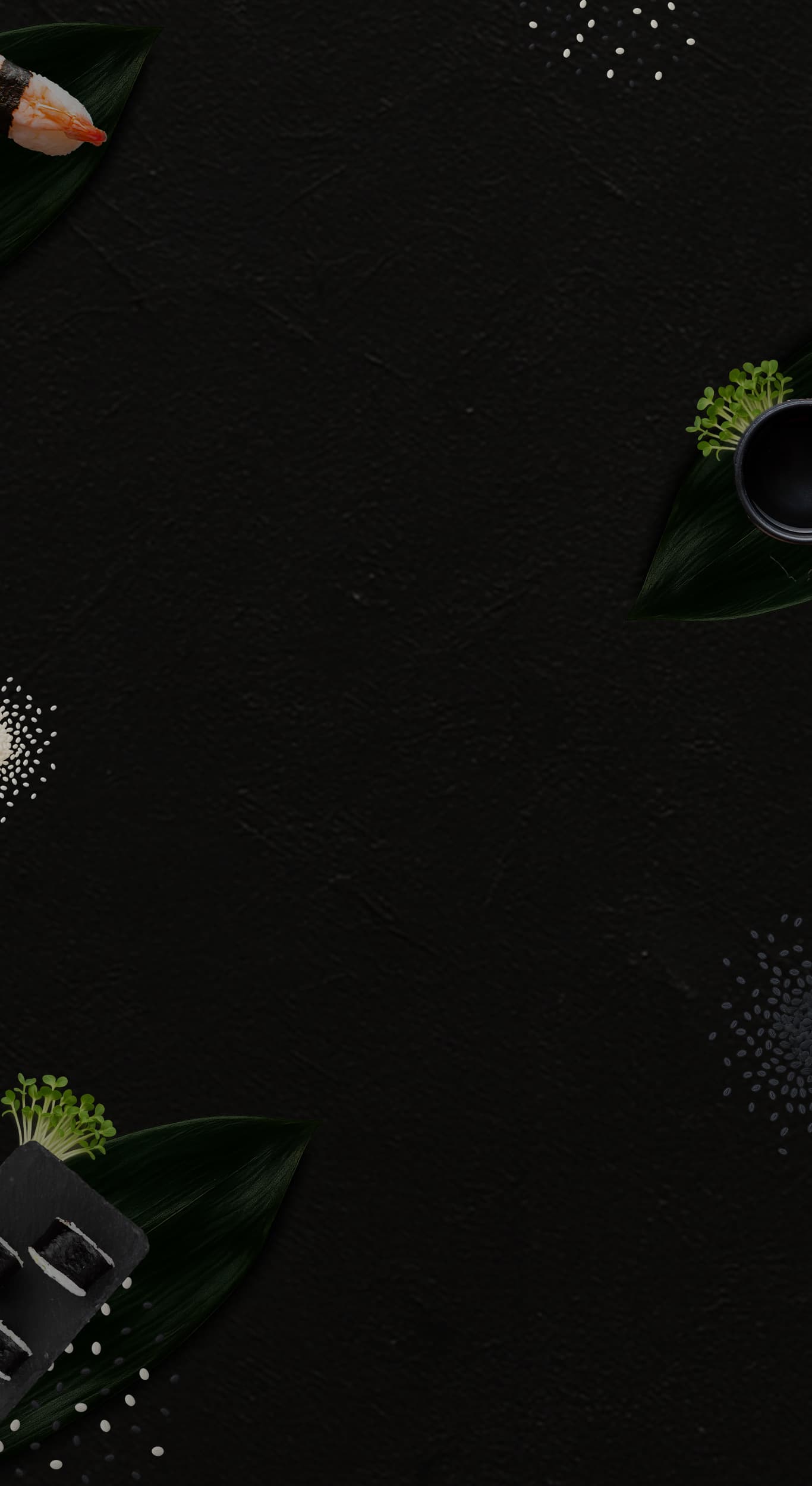 Tło strony wyboru restauracji SUSHI Tutaj – kawałki sushi na talerzu